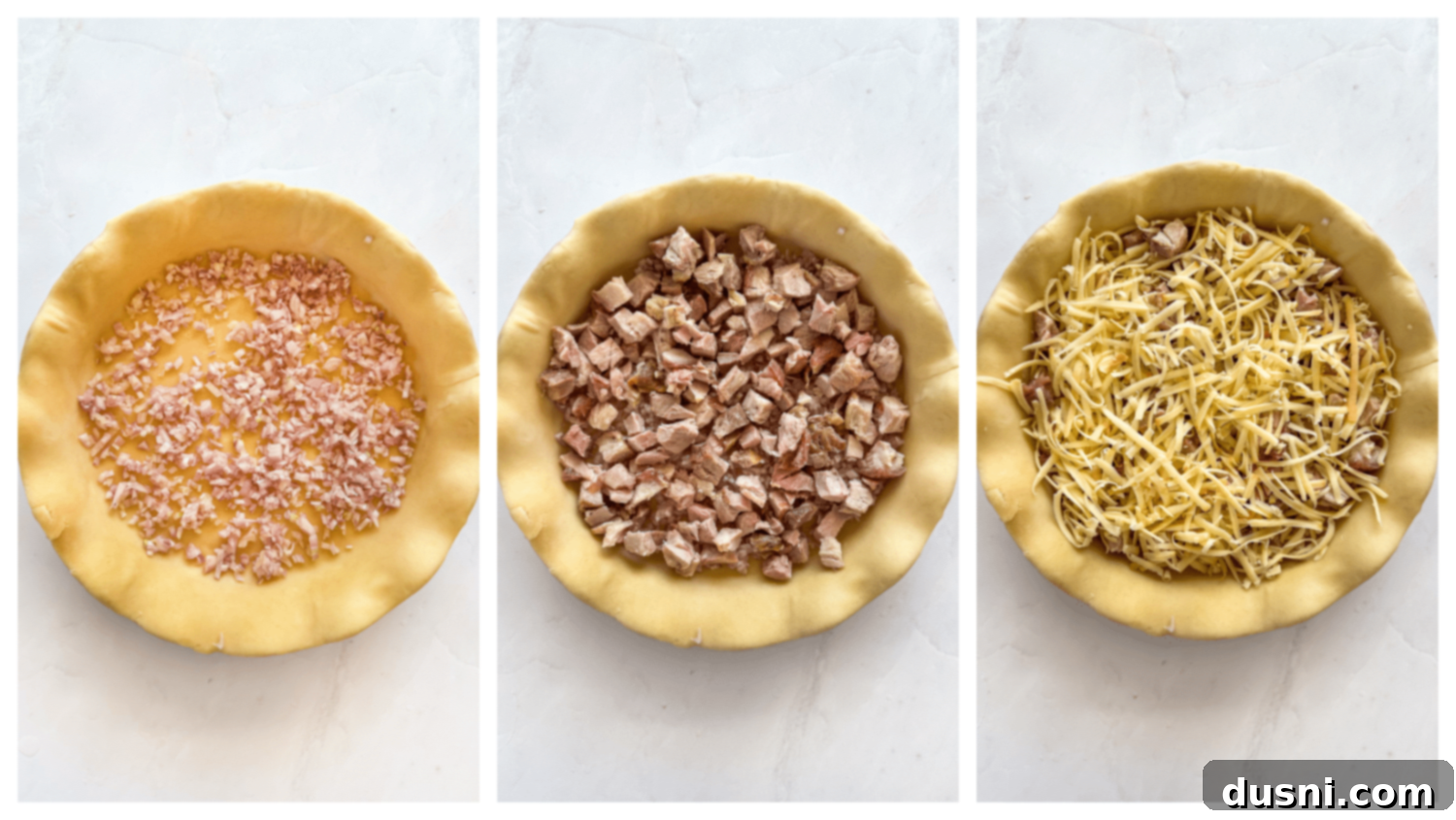 Savory Ham and Smoked Gouda Quiche 7 Chopped shallots and ham being layered into the pie crust.