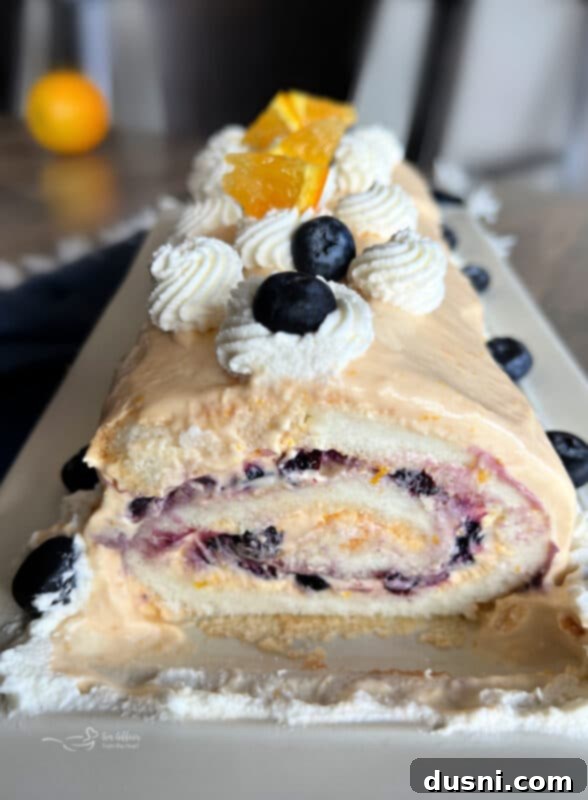 Blueberry Orange Cloud Roll 3 Close-up of a Blueberry Orange Angel Food Cake Roll, showing the delicate texture and filling.