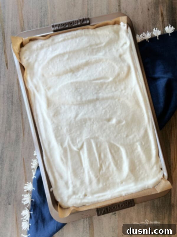Blueberry Orange Cloud Roll 8 Angel food cake batter being spread into a prepared jelly roll pan.