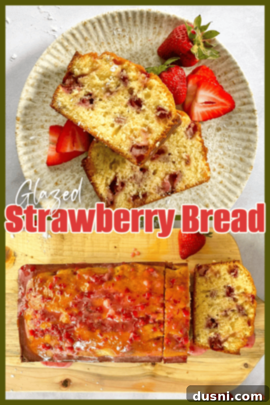 Beautifully glazed strawberry bread on a wire rack, ready to be enjoyed. The title 'Strawberry Bread _ An Affair from the Heart' is visible.