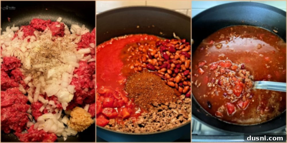 A collage showing the preparation steps for Three Bean Chili, including browning ground beef, chopping onions, and arranging canned ingredients.
