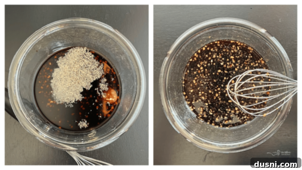 Whisking teriyaki sauce ingredients in a bowl