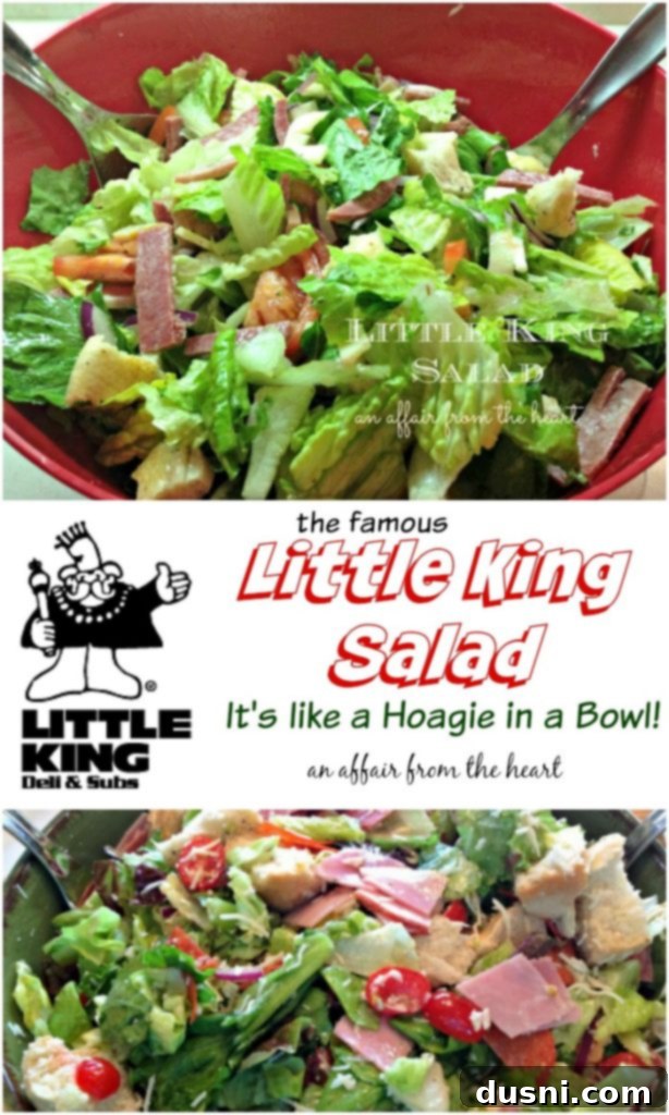 The Little King Salad with a background of recipe books and ingredients.