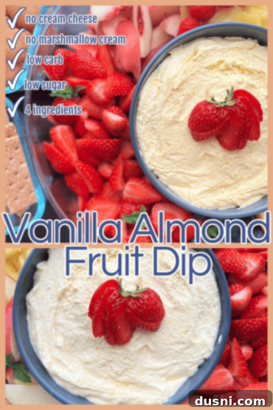 A Pinterest graphic overlaying a photo of vanilla almond fruit dip, encouraging users to 'Love it? Pin it!'