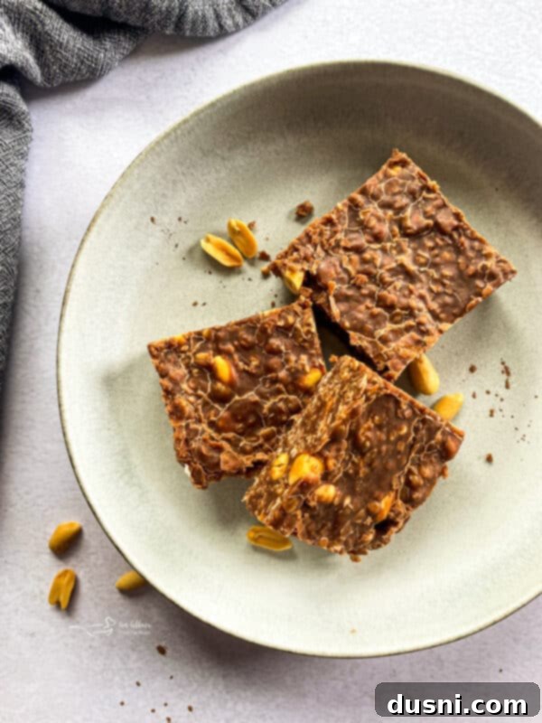 No-Bake Chocolate Peanut Butter Cookie Bars stacked on a plate, showing their chewy texture.