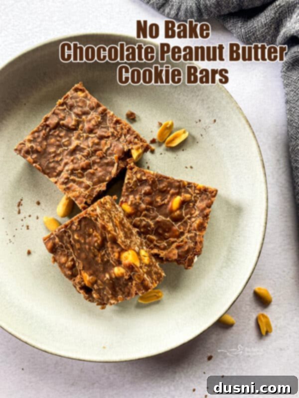 A final photo of No-Bake Chocolate Peanut Butter Cookie Bars ready to serve.