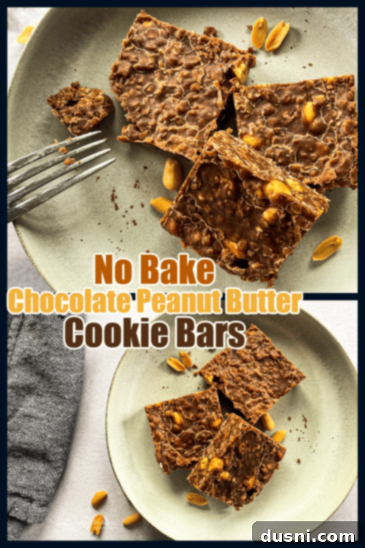 A stack of No-Bake Chocolate Peanut Butter Cookie Bars.