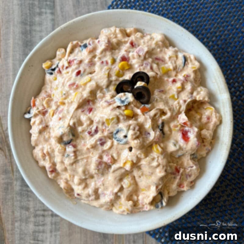 Easy 5 Ingredient Fiesta Corn Dip 11 Fiesta Corn Dip in a wide bowl, ready for serving, with a subtle background blur.