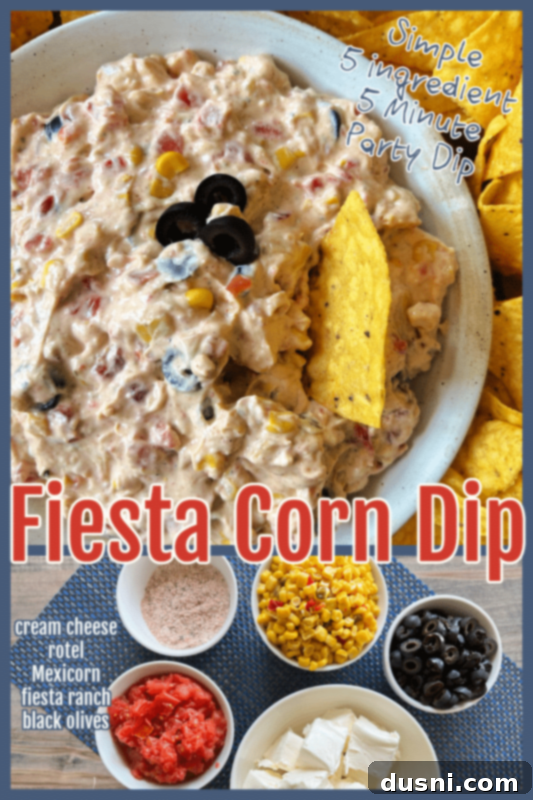 Easy 5 Ingredient Fiesta Corn Dip 10 A vibrant Fiesta Corn Dip in a white bowl, surrounded by a variety of colorful tortilla chips.