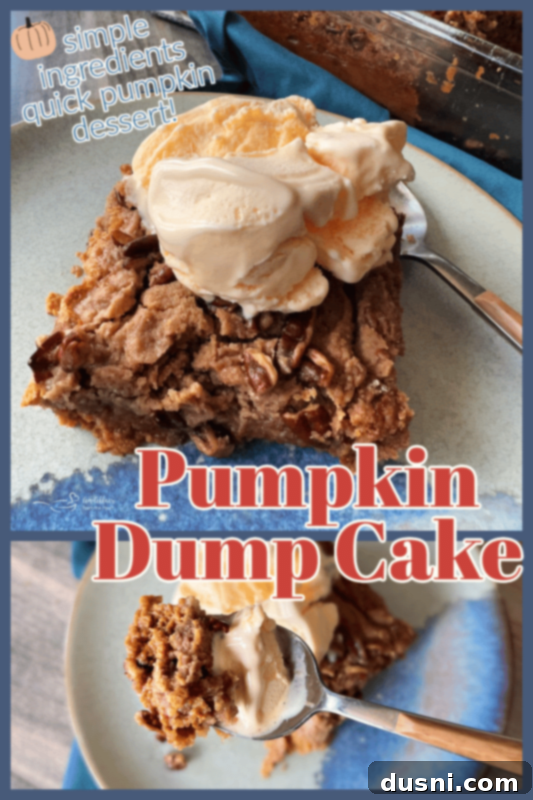 A serving of warm Pumpkin Dump Cake with a scoop of homemade cinnamon vanilla ice cream melting on top, garnished with a sprinkle of cinnamon, ready to be enjoyed.
