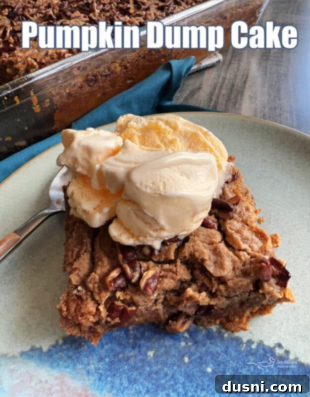 A close-up of a generous serving of Pumpkin Dump Cake, with a golden-brown, crispy topping and a creamy pumpkin filling, set against a rustic fall-themed background.