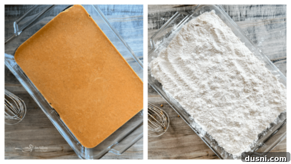 All the wet ingredients for the pumpkin layer – pumpkin puree, milk, sugar, and pumpkin pie spice – being mixed together in a large bowl.