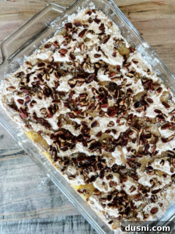 Dry spice cake mix being sprinkled evenly over the pumpkin layer in a baking dish, creating the second layer of the dump cake.