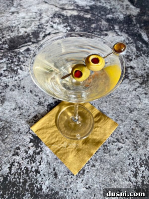 The Brine-Kissed Vodka Martini 8 Dirty Vodka Martini view from above, showing its clear, chilled appearance