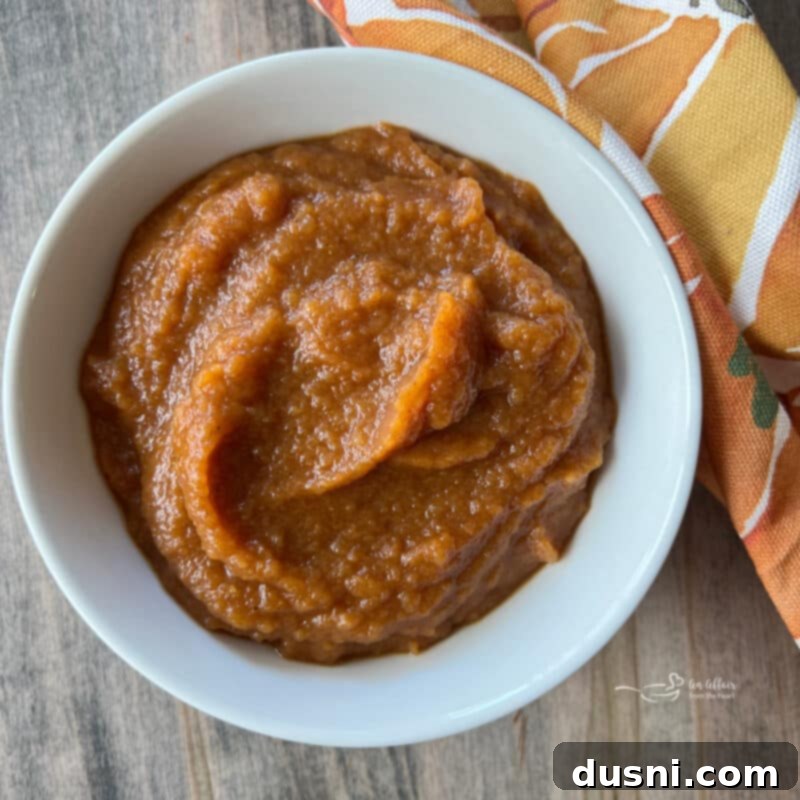 A smoother, pureed version of Instant Pot Pumpkin Applesauce in a glass bowl.