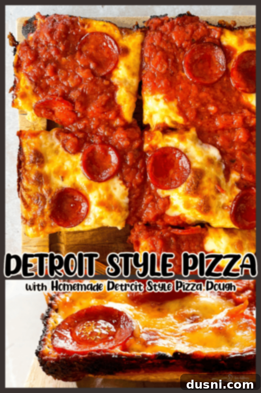 Homemade Detroit Style Pizza Perfection 16 Slices of Detroit Style Pizza on a cutting board, ready to be served.