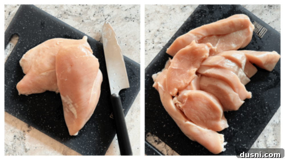Step one: Chicken breasts cut into strips