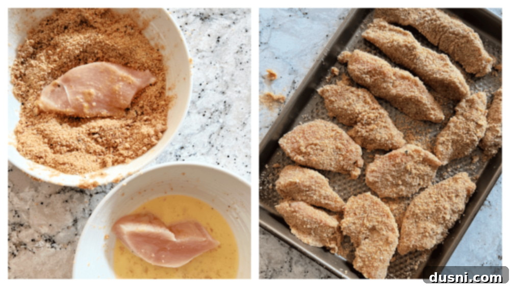 Step two: Dipping chicken strips in egg wash and breadcrumbs