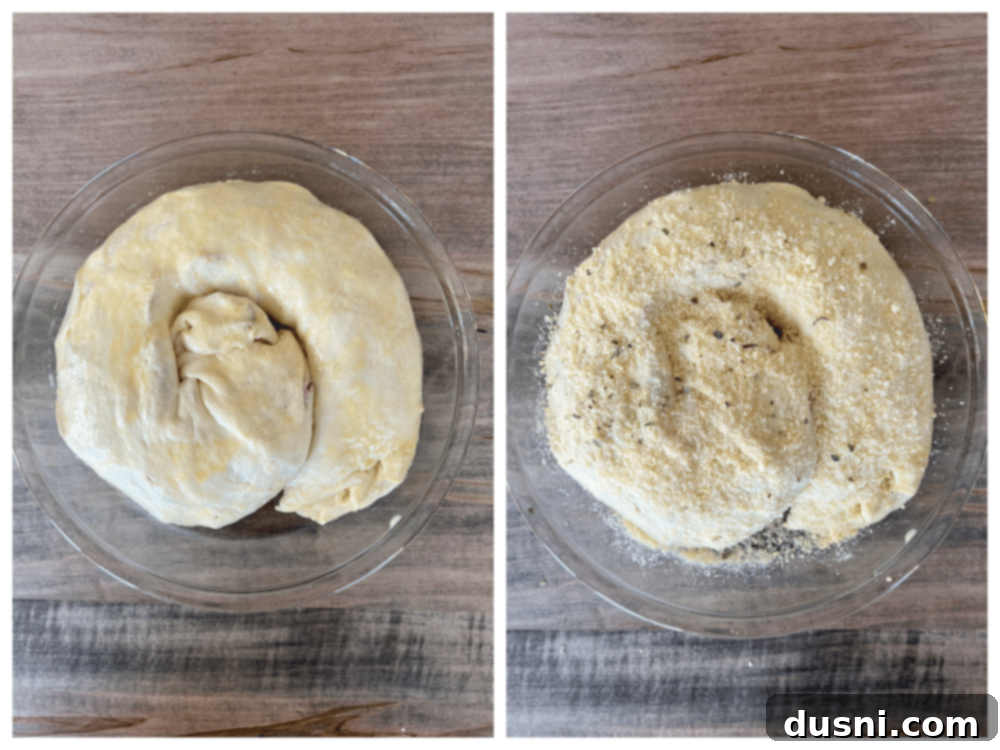 The pepperoni pizza dough coiled into a spiral shape, ready for the pie plate.