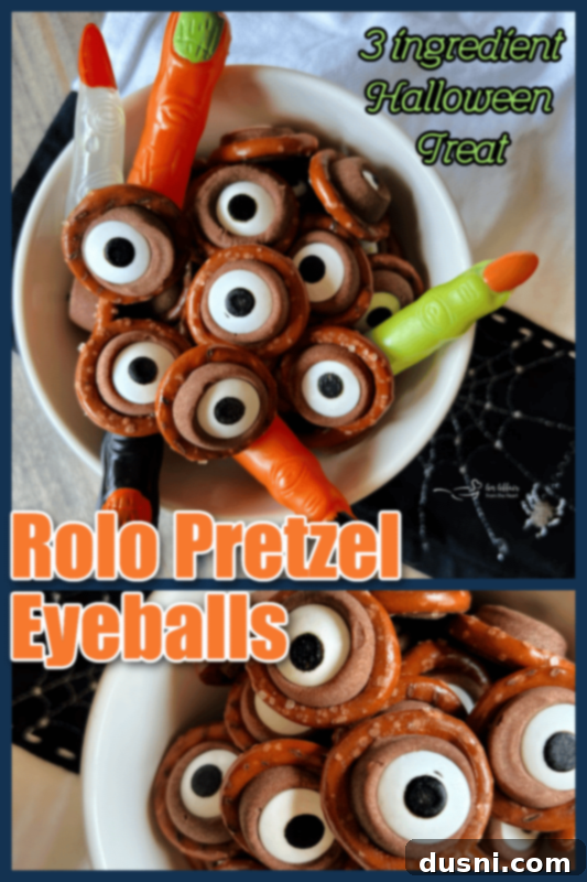 Rolo Pretzel Eyeballs arranged on a white serving dish, ready for Halloween.