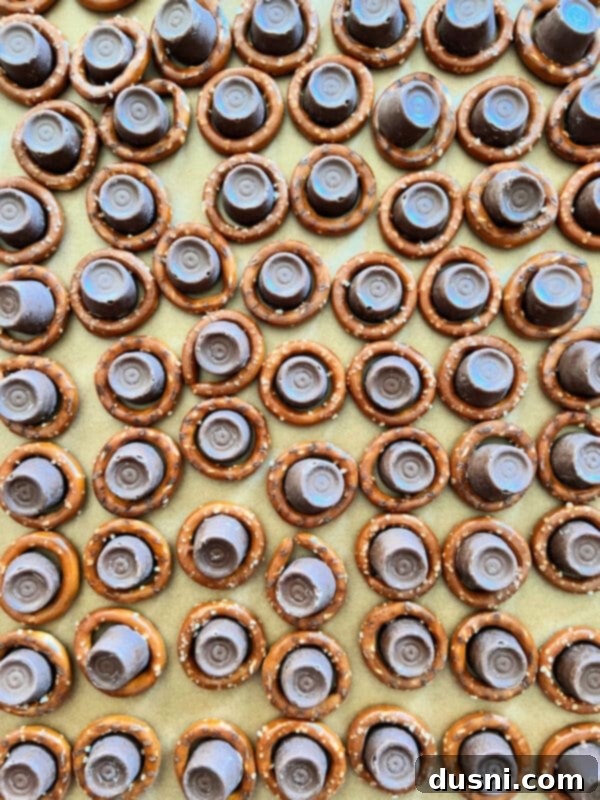 Circular pretzels arranged closely on a baking sheet lined with parchment paper, ready for Rolos.