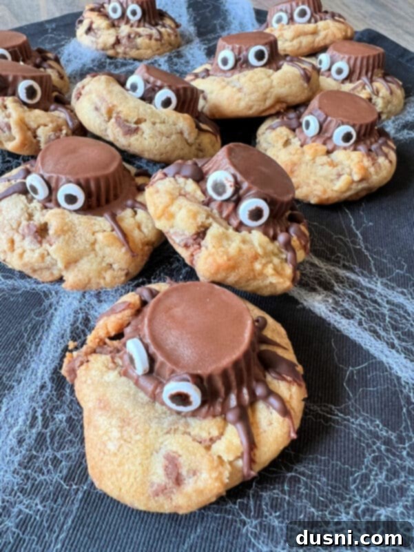 Close-up of a Reese's Peanut Butter Cup Spider Cookie with candy eyes and chocolate legs