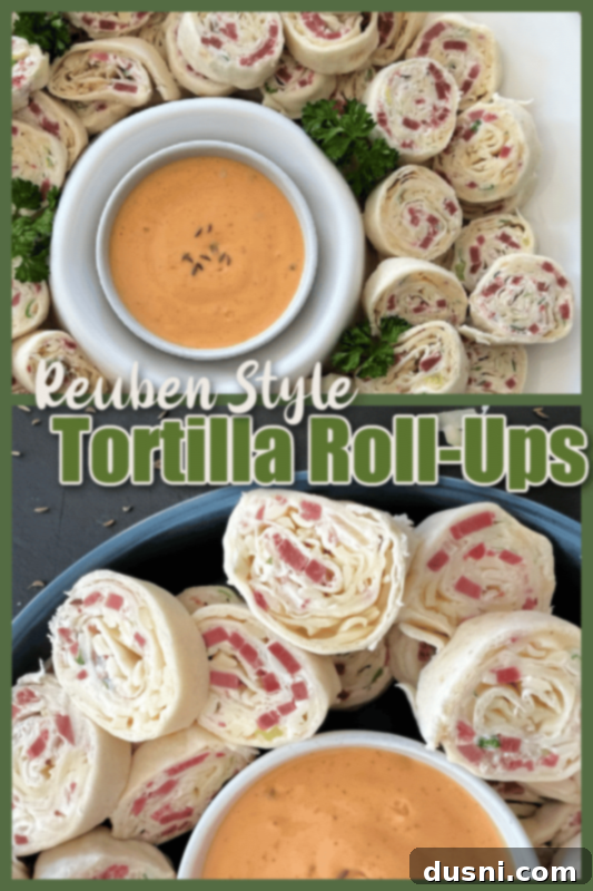 Reuben Style Tortilla Roll-Ups served in a blue bowl with a side of Thousand Island dressing for dipping, presented on a light background.