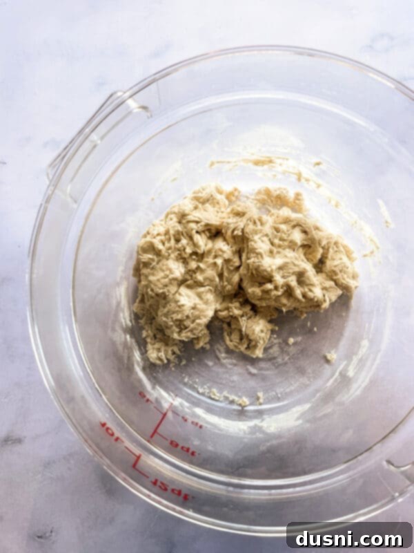 Artisan Pizza Base 5 Flour and water being combined in a bowl, forming a shaggy dough.