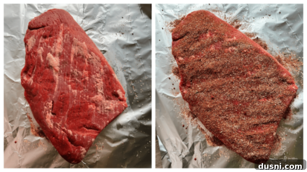 Texas Heat Smoked Brisket 7 Brisket being prepared on aluminum foil for the rub application.