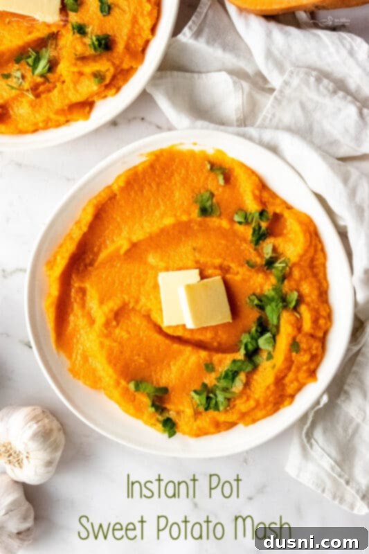 A large bowl of Instant Pot Buttery Mashed Sweet Potatoes on a wooden table