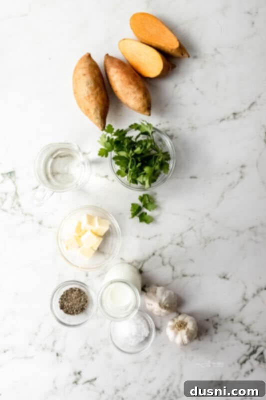Ingredients for Instant Pot Sweet Potato Mash laid out on a cutting board