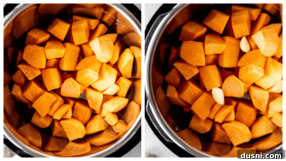 Sweet potato chunks, garlic, and water in an Instant Pot