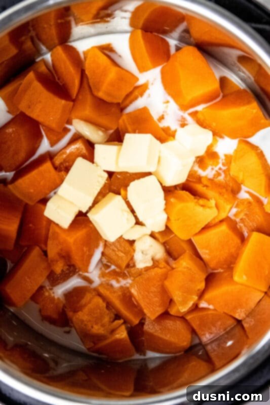 Mashed sweet potatoes in an Instant Pot with butter and seasonings