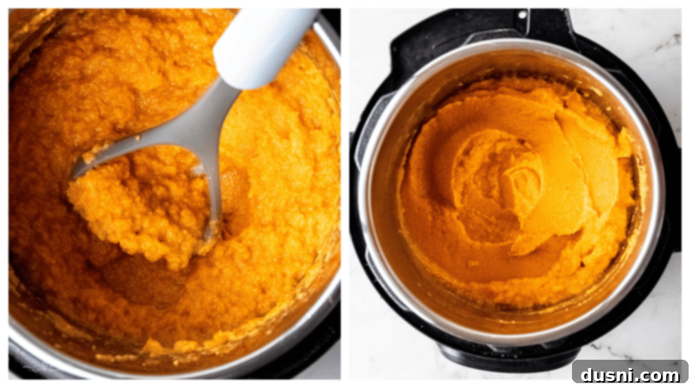 Using a hand mixer to mash sweet potatoes in an Instant Pot