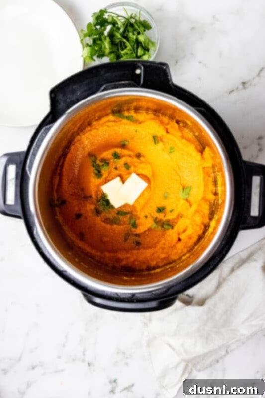 A bowl of Instant Pot Mashed Sweet Potatoes ready to serve