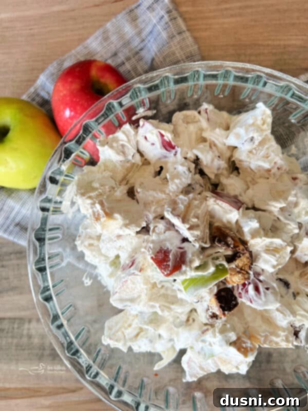 Decadent Snickers Apple Salad 2 Close-up of a bowl of Snicker Apple Salad, showcasing diced apples, creamy Cool Whip, and chopped Snickers candy bars