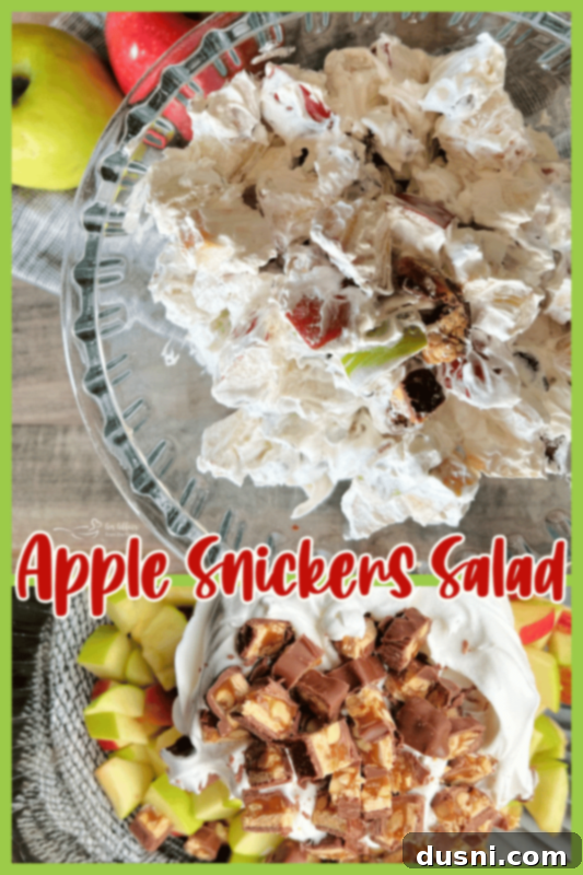 Decadent Snickers Apple Salad 11 A beautifully presented bowl of Snicker Apple Salad, ready to be enjoyed