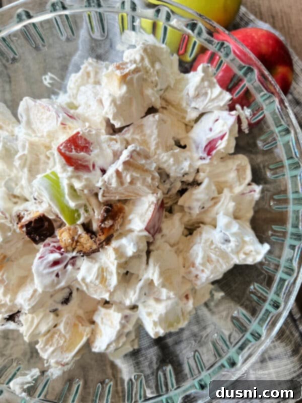 Decadent Snickers Apple Salad 3 Another perspective of the delicious Snicker Apple Salad in a serving bowl