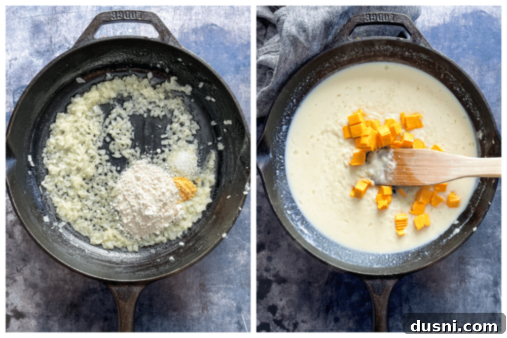 Comforting Cauliflower Carrot Bake 8 Onions cooking in butter in a saucepan