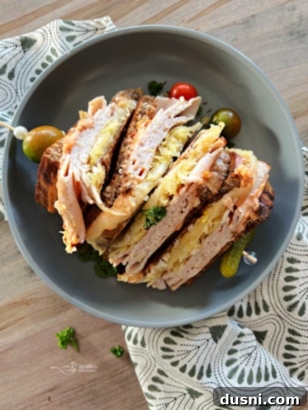 Hearty Leftover Turkey Pasta Bake 17 A delicious Turkey Reuben Sandwich, piled high with turkey, sauerkraut, and Swiss cheese.