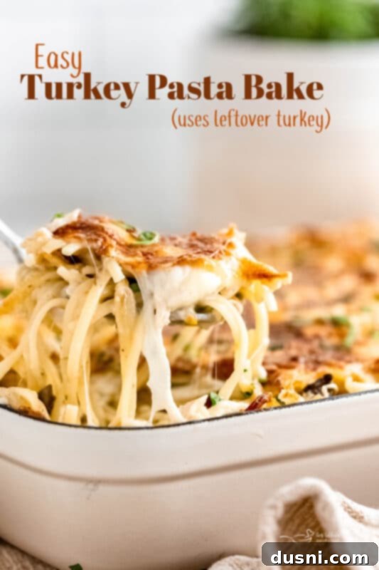 Hearty Leftover Turkey Pasta Bake 18 Hero shot of the creamy Turkey Pasta Bake, served in a dish with a golden-brown top.
