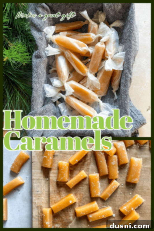 Individually wrapped homemade caramels stacked on a wooden surface.