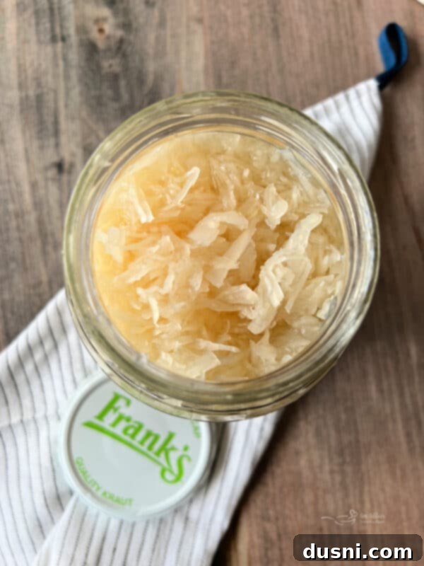 Sauerkraut, Bacon, and Swiss Dip 14 Open jar of Frank's Kraut, top-down view