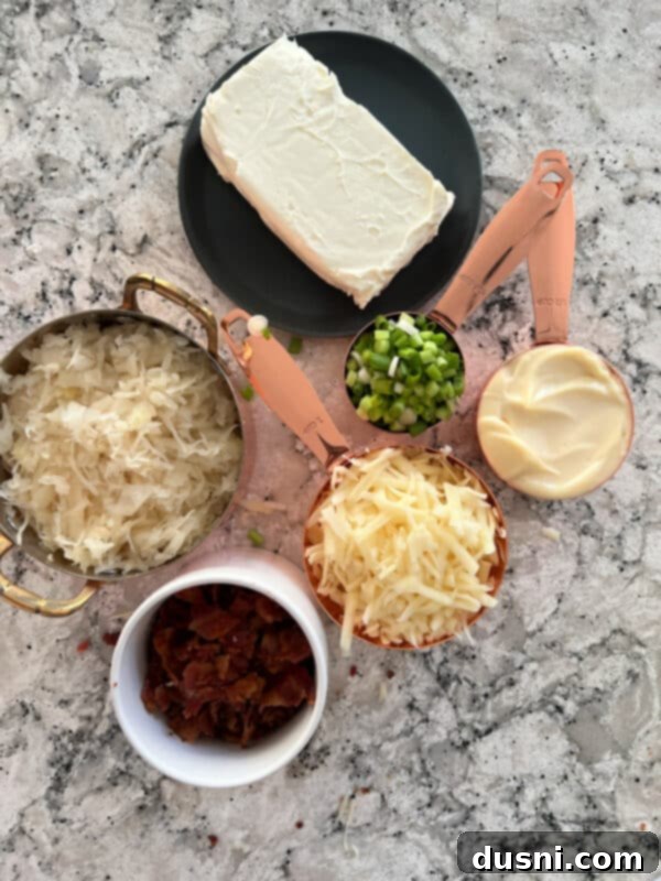 Sauerkraut, Bacon, and Swiss Dip 5 Close-up of baked sauerkraut dip with bacon and green onion garnish