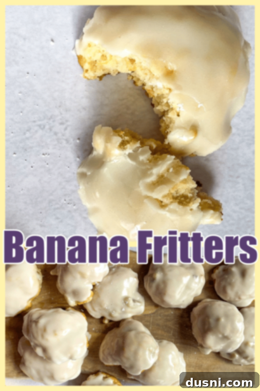 Golden Baked Banana Bites 13 Beautifully glazed baked banana fritters stacked on a serving plate.