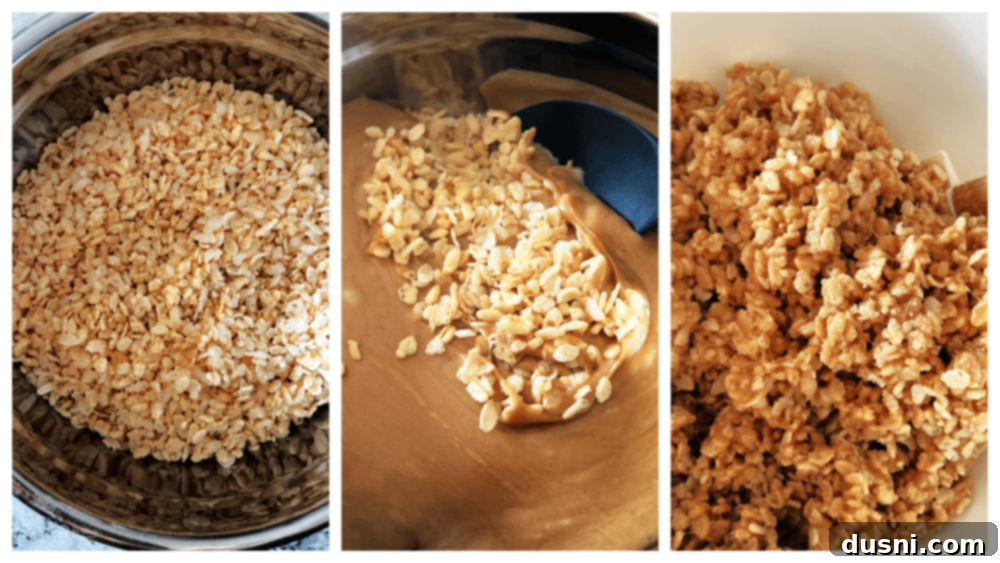 Scotcheroo Swirls 6 Peanut butter being stirred into a warm sugar and corn syrup mixture