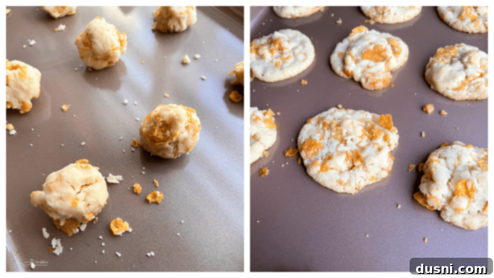 Folding in cornflakes into the cookie dough mixture by hand, ensuring even distribution.