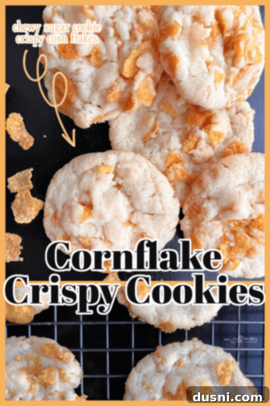 A stack of perfectly baked Cornflake Crispy Cookies on a dark background, showcasing their irresistible texture.