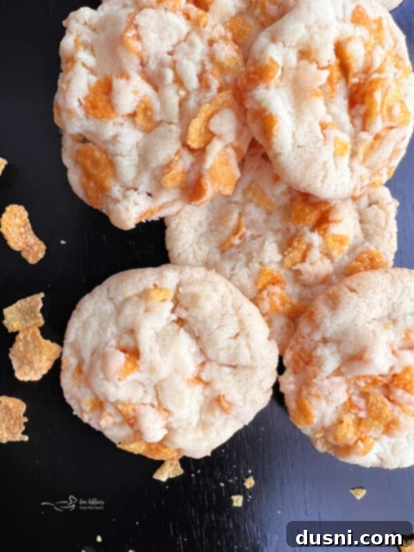 Another close-up shot of Cornflake Cookies, highlighting their sugary, crunchy coating.