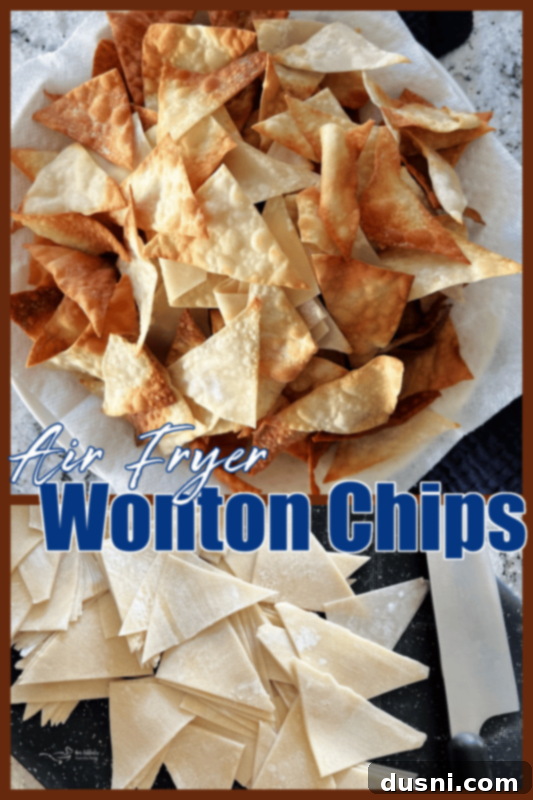 Crispy Air Fryer Wonton Chips 6 A close-up shot of a handful of air fryer wonton chips, showcasing their texture and golden color.
